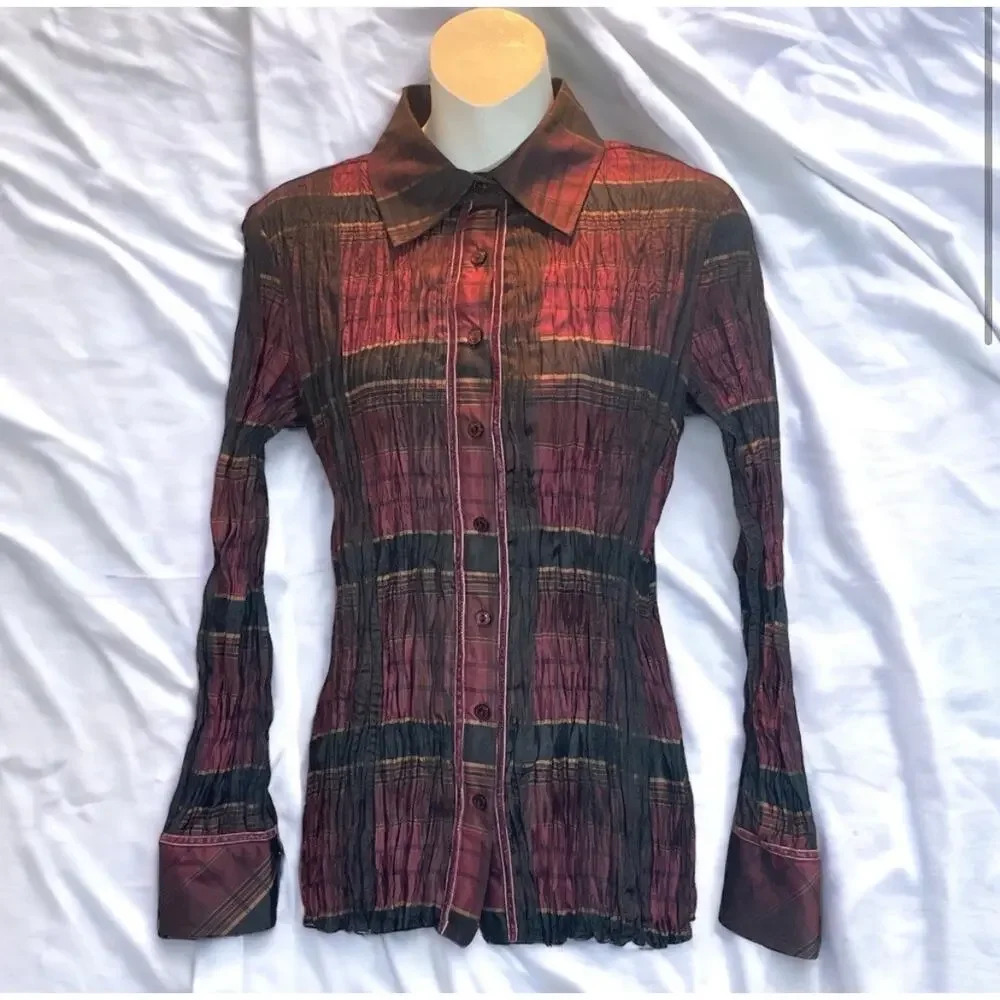 Cache Y2k Plaid Scrunchie Button Down Blouse - image 2